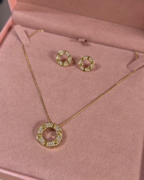 Conjunto colar e brinco riviera de corações