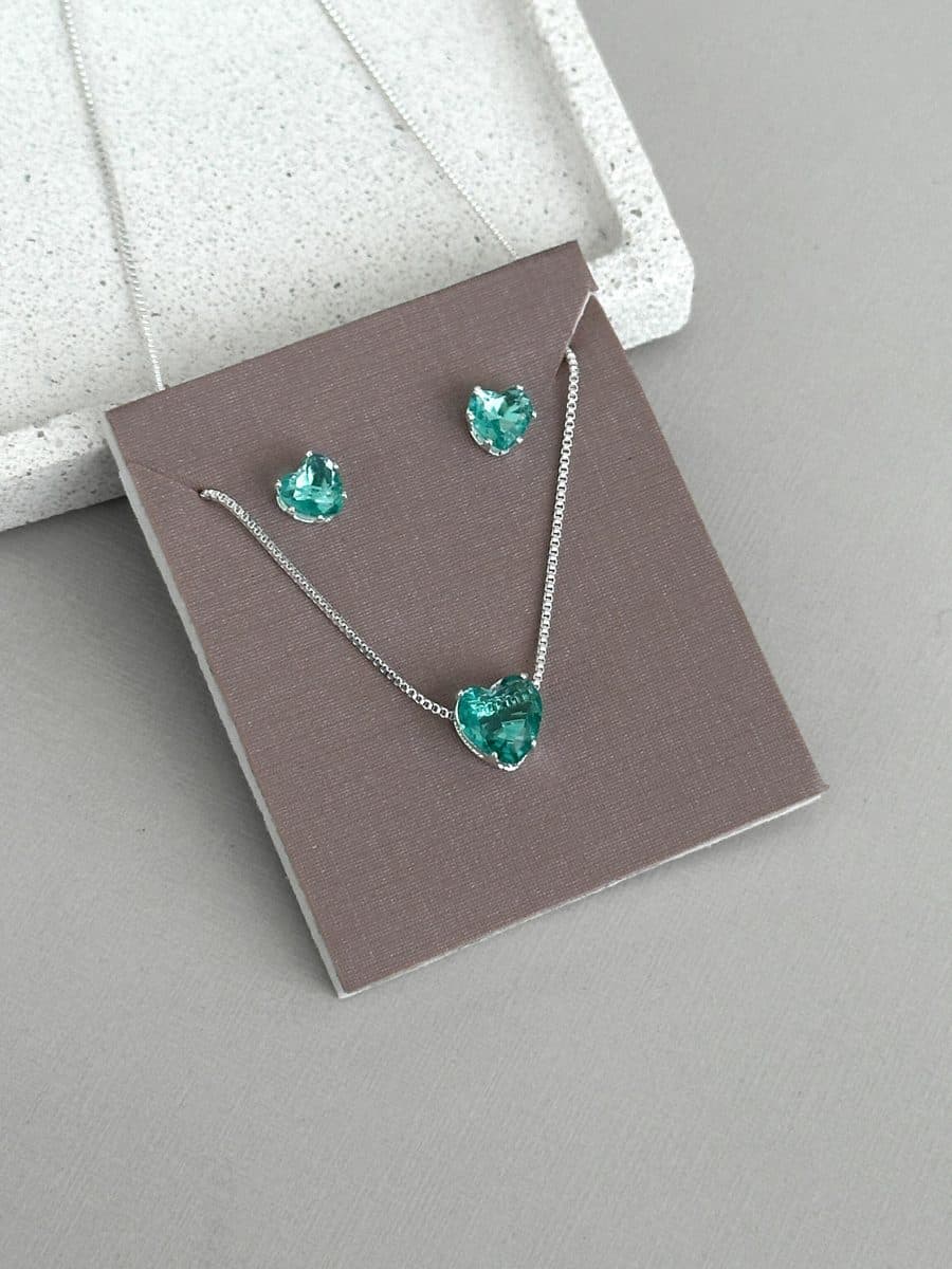 Conjunto coração verde (colar + brinco)