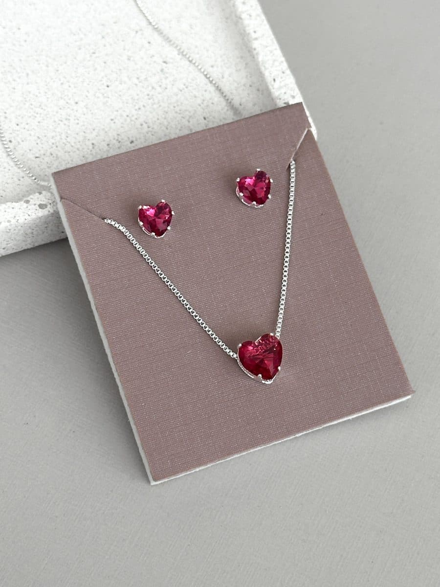 Conjunto colar e brinco rosa Fucsia