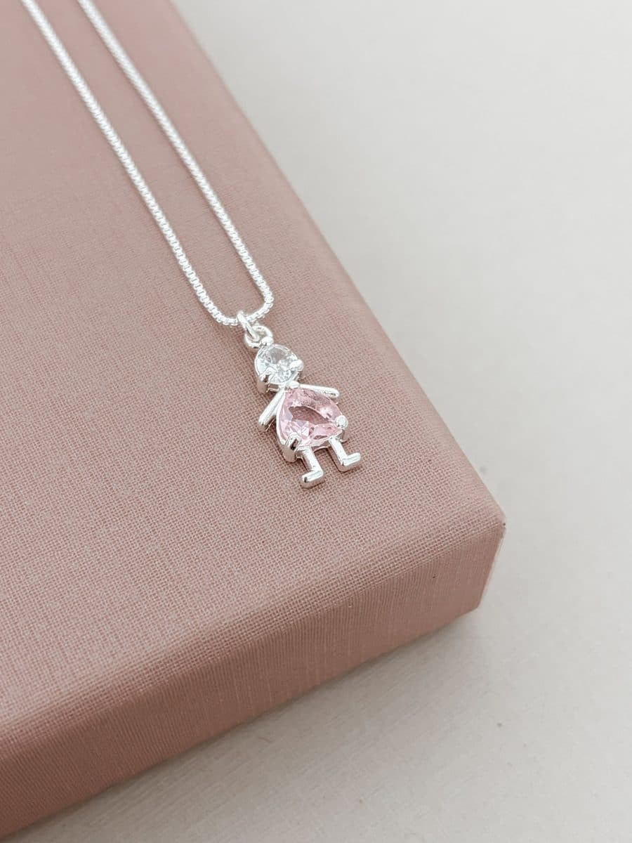 Colar menina coração pedra rosa